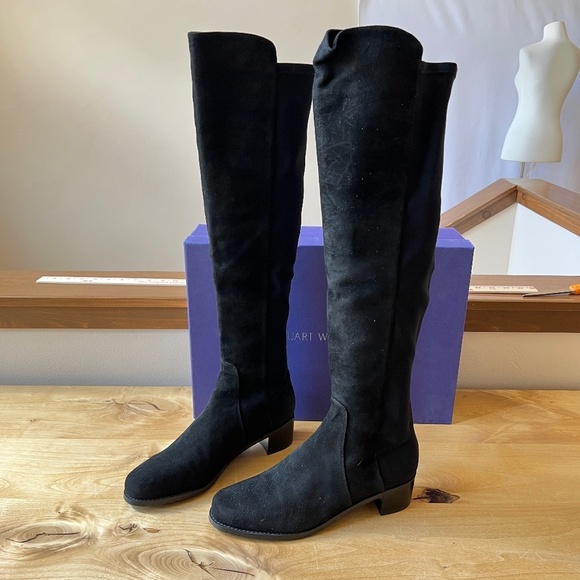 STUART WEITZMAN RESERVE BLACK SUEDE BOOTS 9 NIB OVER KNEE PULL ON STRETCHY CHIC - Picture 2 of 10